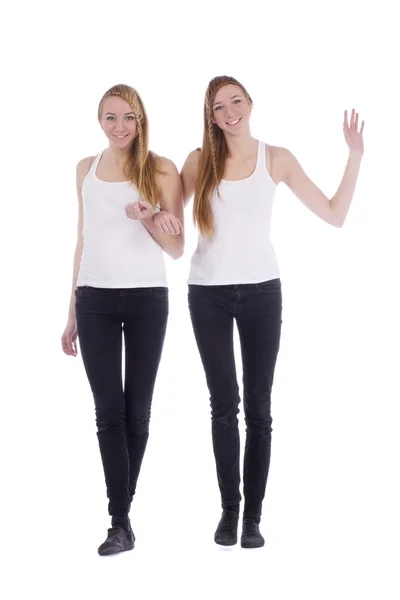 Две девочки близнецы лучшие друзья концепция изолированы на белом — стоковое фото