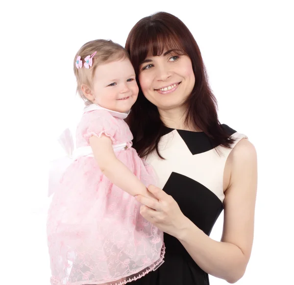 Porträtt av söta mor med sitt barn över vit bakgrund — Stockfoto
