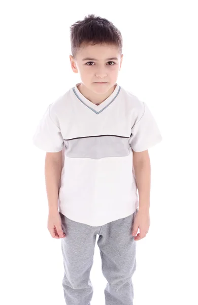 Un băiețel serios care se uită izolat pe fundal alb — Fotografie, imagine de stoc