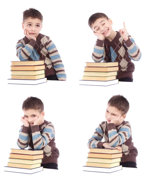Beyaz arka plan üzerinde izole kitap ile genç çocuğun dört fotoğrafları kolaj bir