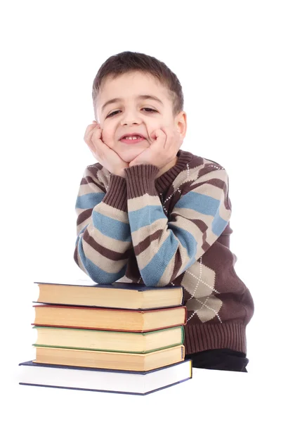 Niño con libros aislados sobre fondo blanco —  Fotos de Stock