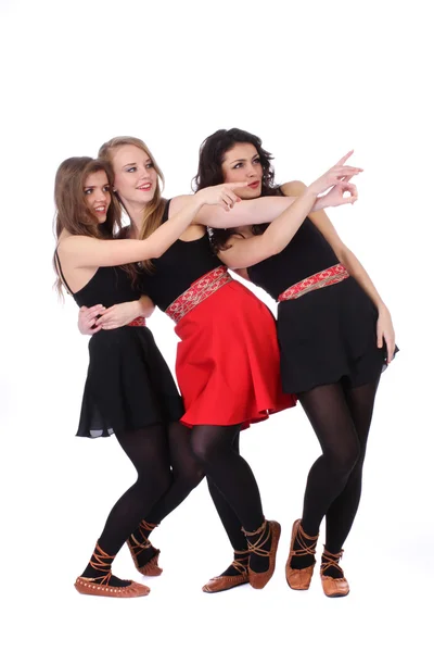 Teenage girls friends point the finger over white background — Stock Photo, Image