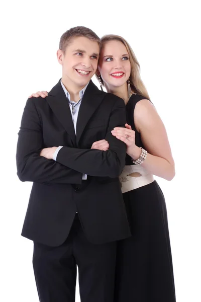 Retrato de metade do comprimento do casal adolescente em roupas formais isoladas em branco — Fotografia de Stock