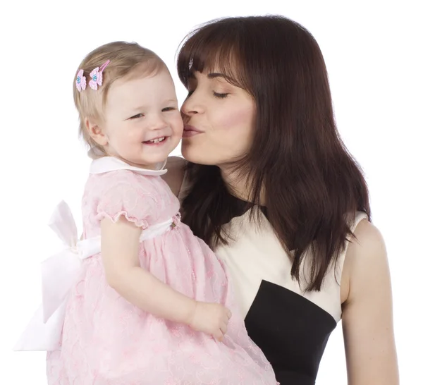 Portrait of sweet mother with her child over white background — Stock Photo, Image