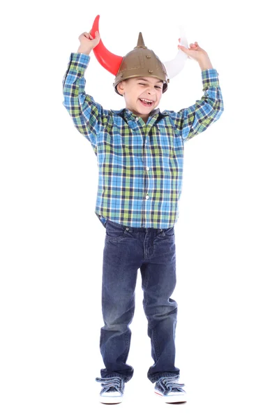 Funny winking young boy with viking helmet isolated on white — Stock Photo, Image