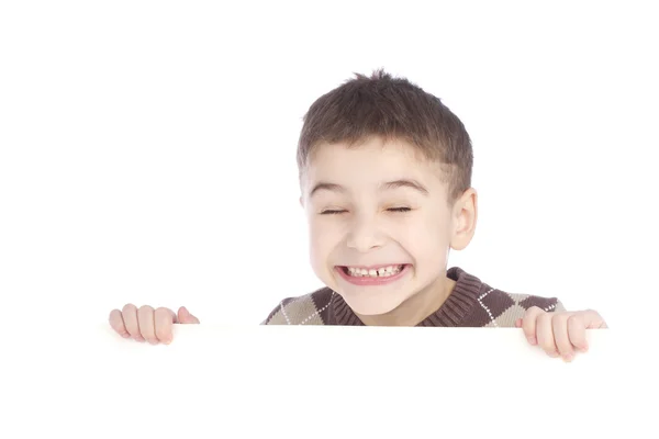 Young boy with a billboard isolated on white background — Stock Photo, Image