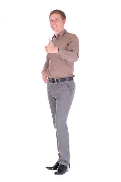 Beautiful young man looking at camera and showing thumb up gesture isolated over white background — Stock Photo, Image