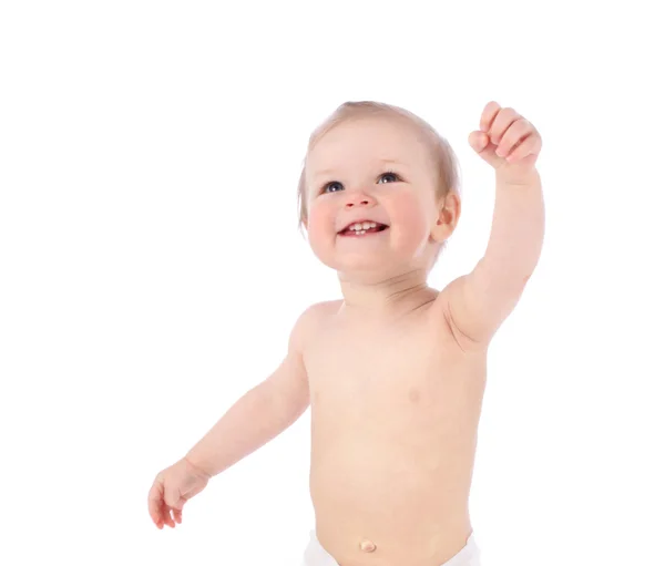 Close up portrait of adorable girl child looking up over white background Royalty Free Stock Images