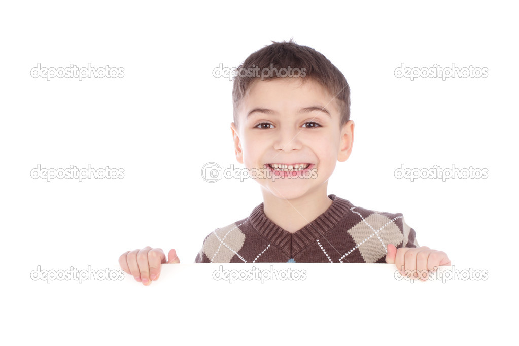 Young boy with a billboard isolated on white background