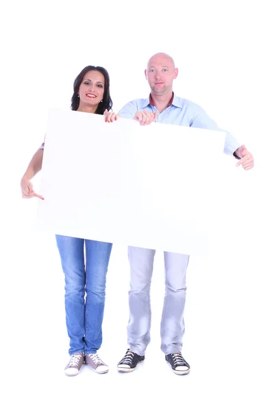 Couple man and woman with the blank banner — Stock Photo, Image