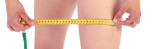 Closeup photo of a Caucasian woman's leg and measuring tape — Stock Photo, Image