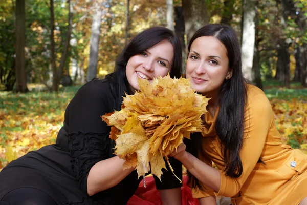 Dvě mladé dívky, které seděly v podzimním lese — Stock fotografie