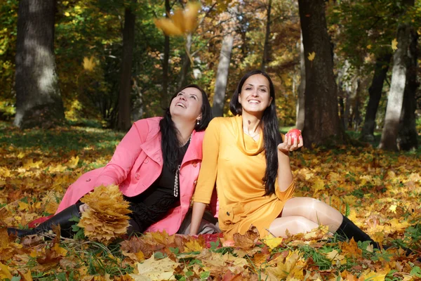 Две молодые девушки сидят в осеннем лесу — стоковое фото