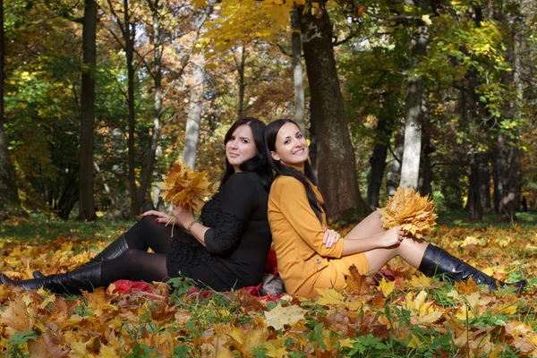 Twee jonge meisjes zitten in herfst bos — Stockfoto