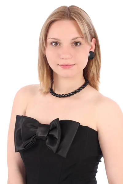 Young woman in black dress with big bow — Stock Photo, Image