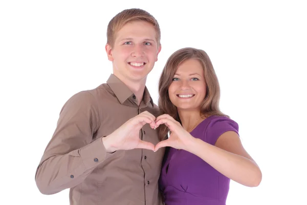 Portrait of happy attractive couple man and woman isolated on white background — Stock Photo, Image