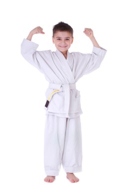 genç çocuk savaşçı beyaz kimono içinde