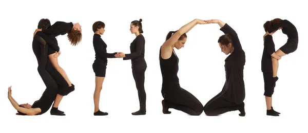 People standing over white forming SHOP words — Stock Photo, Image