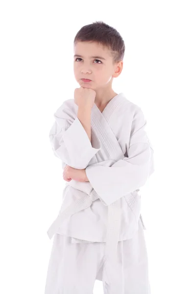 Young boy fighter in kimono thinking — Stock Photo, Image