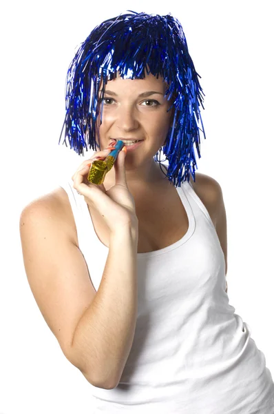 Beautiful young girl with blue wig — Stock Photo, Image