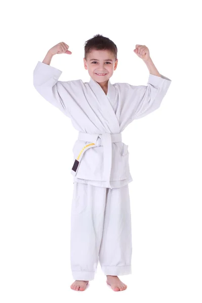 Young boy fighter in white kimono — Stock Photo, Image