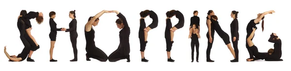 People standing over white forming SHOPPING words — Stock Photo, Image