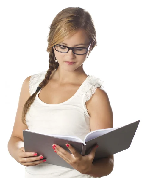 Young girl with glasses reading — Stock Photo, Image