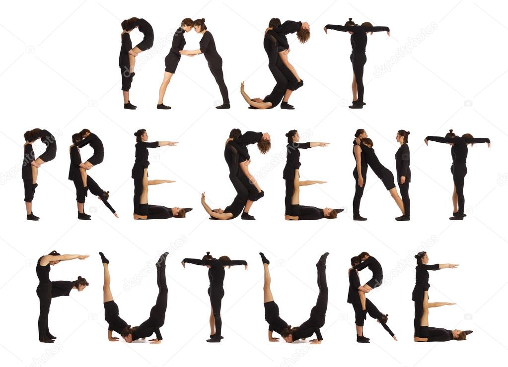 Collage of black dressed people forming PAST, PRESENT and FUTURE words