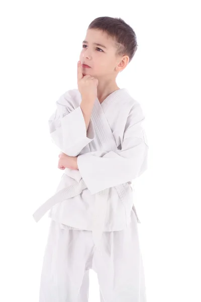 Young boy fighter in kimono thinking — Stock Photo, Image