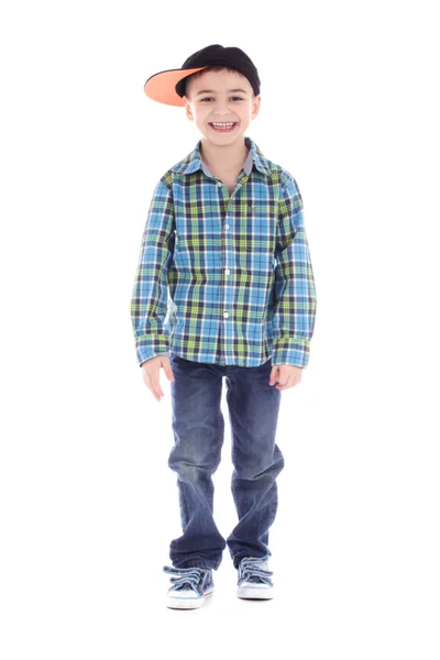 Retrato de menino sorridente em jeans e xícara — Fotografia de Stock