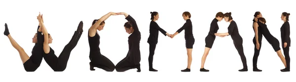 Group of people forming the word "WOMAN" — Stock Photo, Image