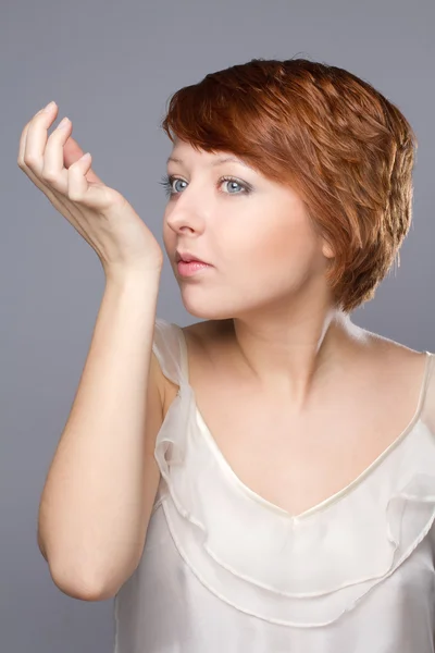 Portrait of beautiful woman she smells pafrume on her hand — Stock Photo, Image