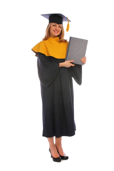 Abschluss junges Mädchen mit Mütze und Diplom — Stockfoto
