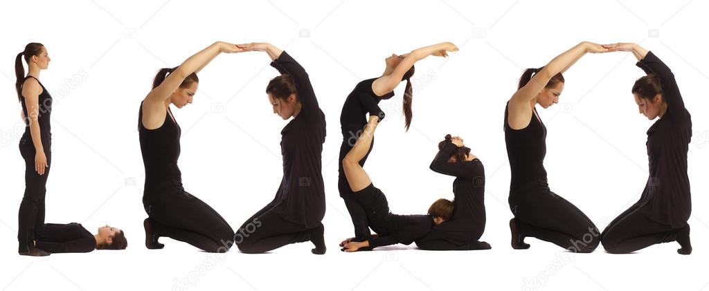 Black dressed people forming LOGO word over white