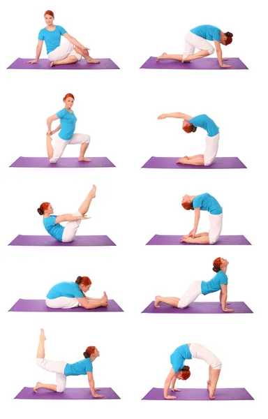 Set of Young woman exercise yoga pose on mat — Stock Photo, Image