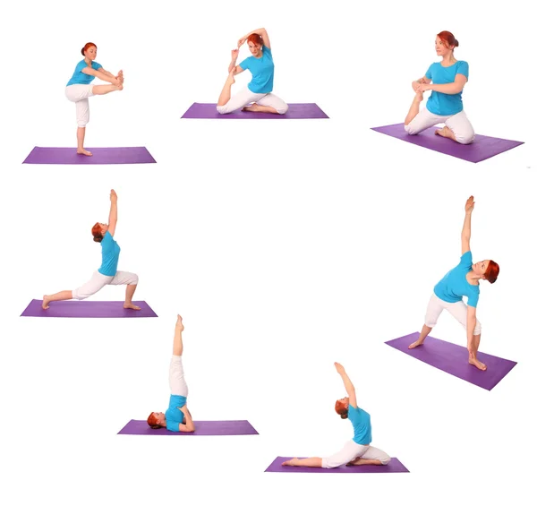 Ensemble de pose de yoga exercice jeune femme sur tapis — Photo