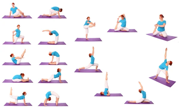 Ensemble de pose de yoga exercice jeune femme sur tapis — Photo