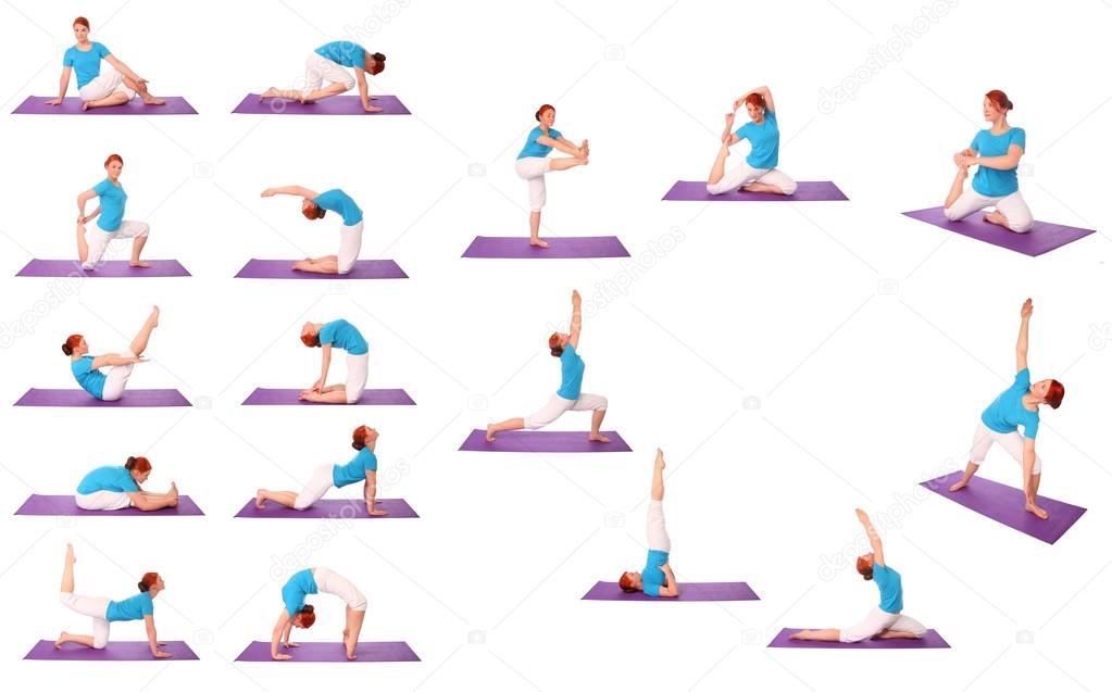Set of Young woman exercise yoga pose on mat