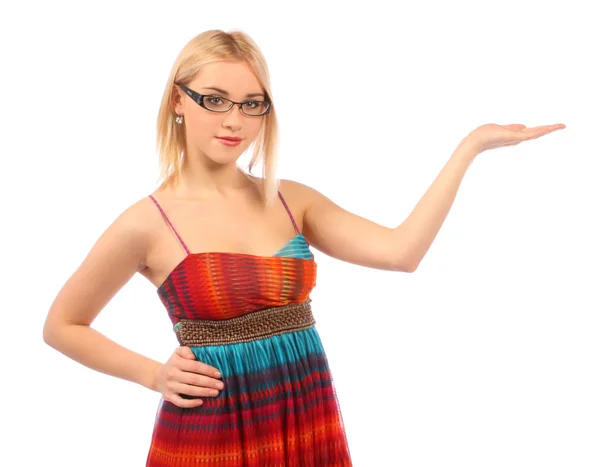 Young attractive blonde girl showing something — Stock Photo, Image