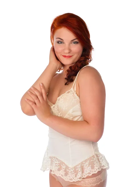 Young woman in beige underwear — Stock Photo, Image