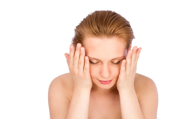 Woman wash her face by hands — Stock Photo, Image
