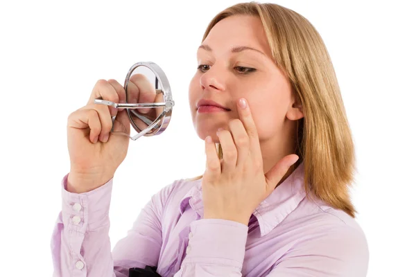 Girl with a mirror on her hands — Stock Photo, Image