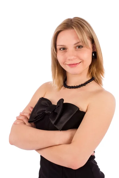 Mujer joven en vestido negro con gran arco — Foto de Stock