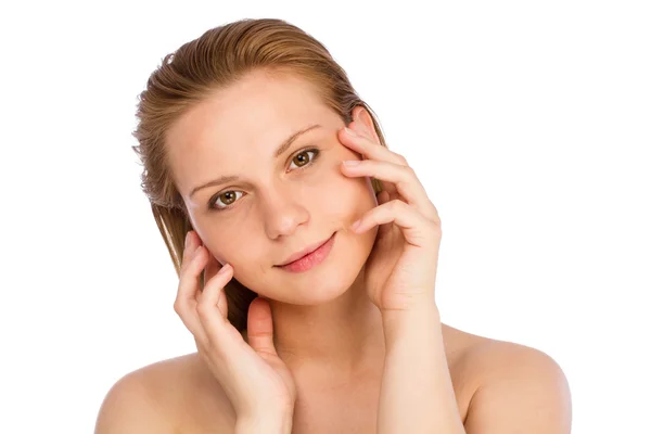 Young attractive nude girl touching her face — Stock Photo, Image