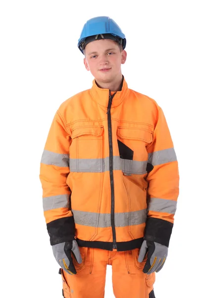 Porträtt av en arbetare med överdragskläder och hardhat — Stockfoto