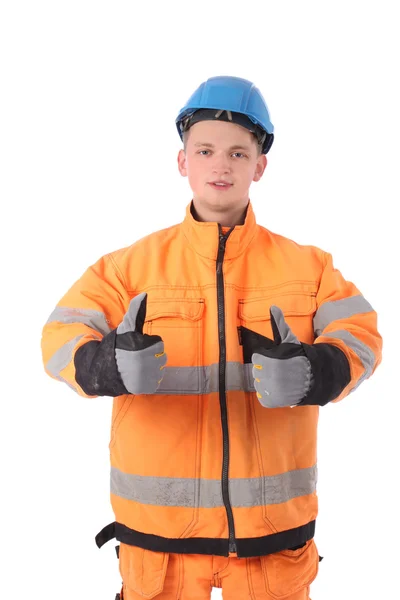 Retrato de un obrero con overol y gorro — Foto de Stock