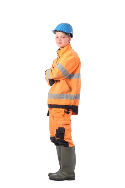 一位工人的工作服和安全帽的肖像 — 图库照片