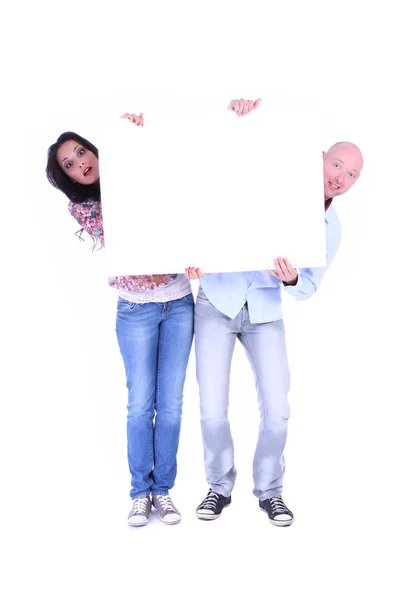 Man and woman with banner — Stock Photo, Image