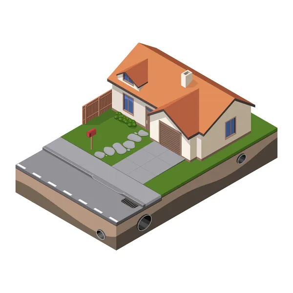 American Cottage, Small Wooden House For Real Estate Brochures Or Web Icon. With Yard, Green Grass, Road, Mailbox, Fence, Ground. Isometric — Stock Vector