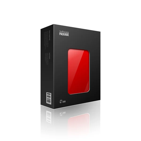 Caja de paquetes de software moderna negra con ventana roja para DVD o CD EPS10 — Vector de stock